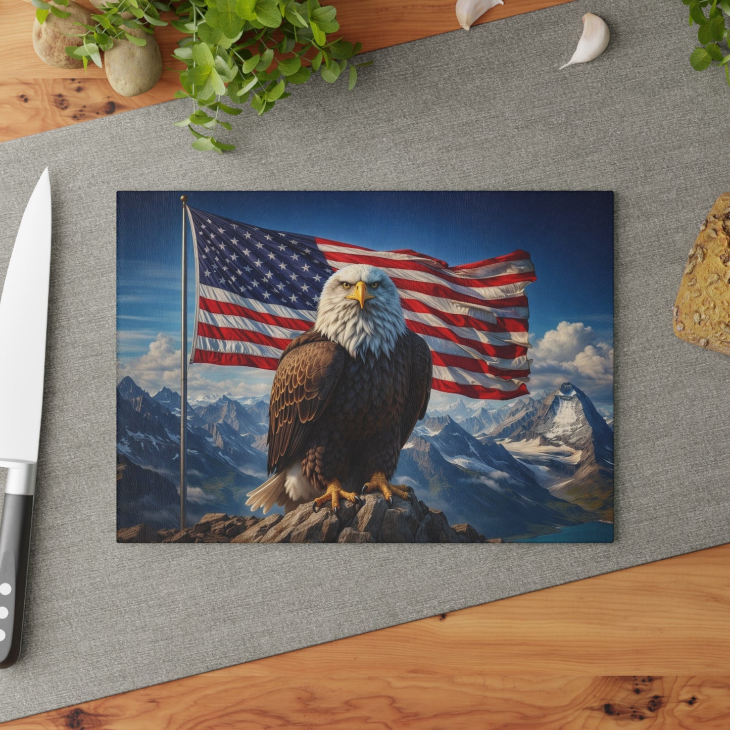 American Eagle Mountain Glass Cutting Board – Patriotic Bald Eagle Landscape Kitchen Art & Display Board