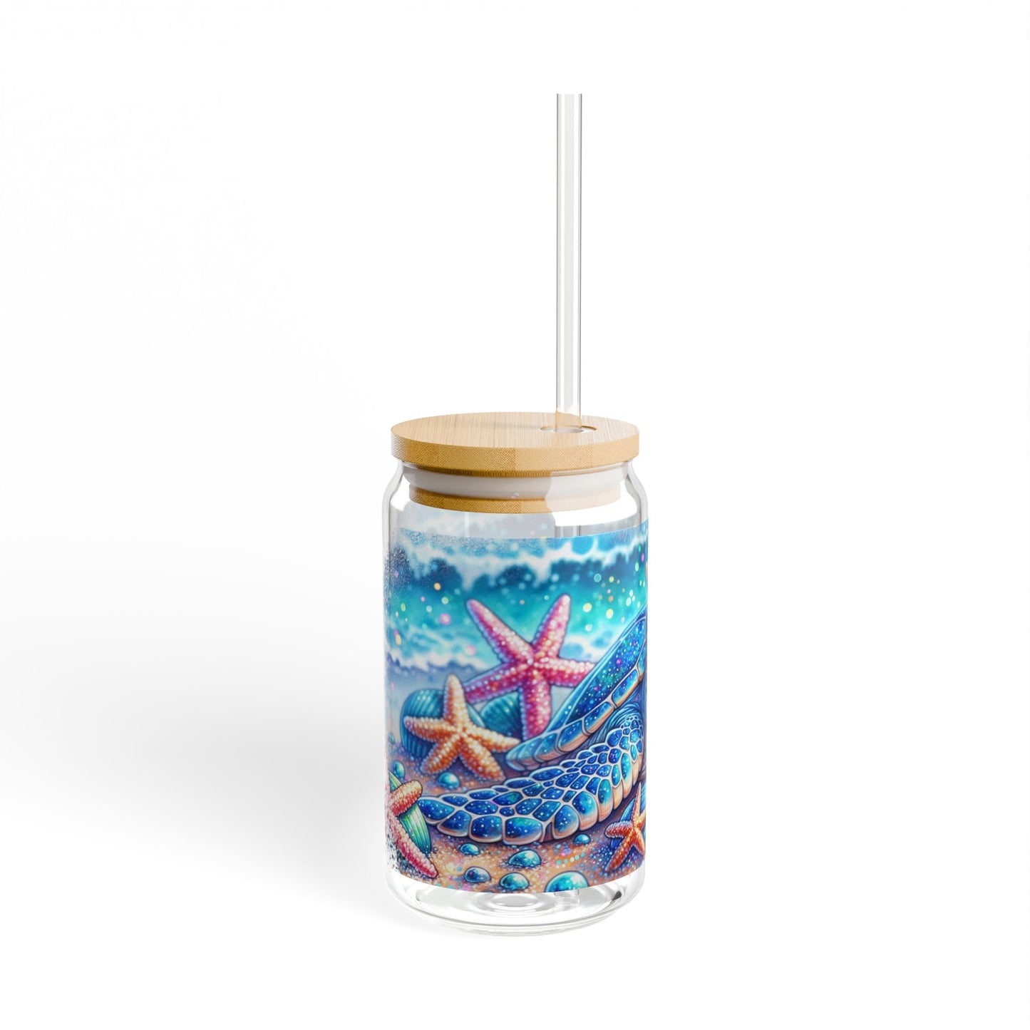 Vaso para sorbos con diseño de tortuga marina con brillo playero: una belleza costera para sorbos de verano.