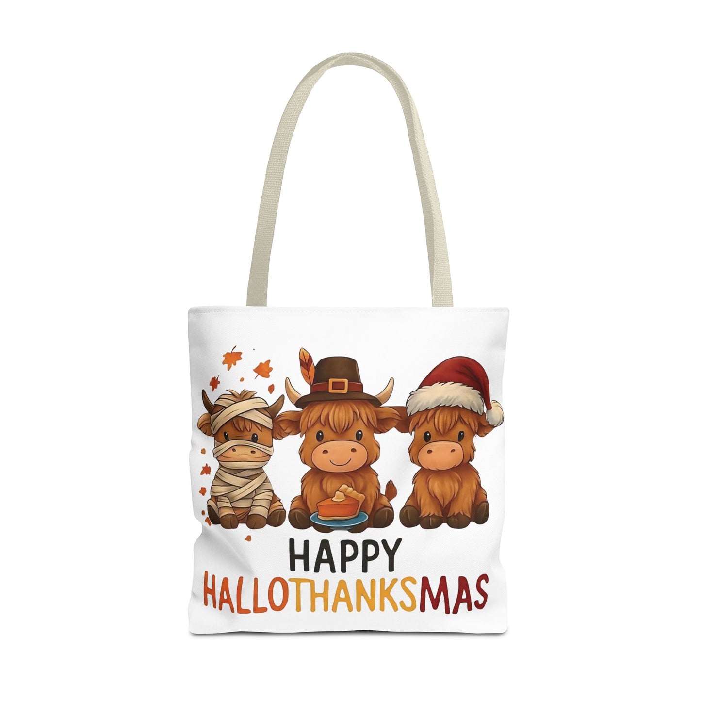 🐮 Happy Hallothanksmas Highland Cow Tote Bag – Holiday Fun All Season 🎃🦃🎄👜