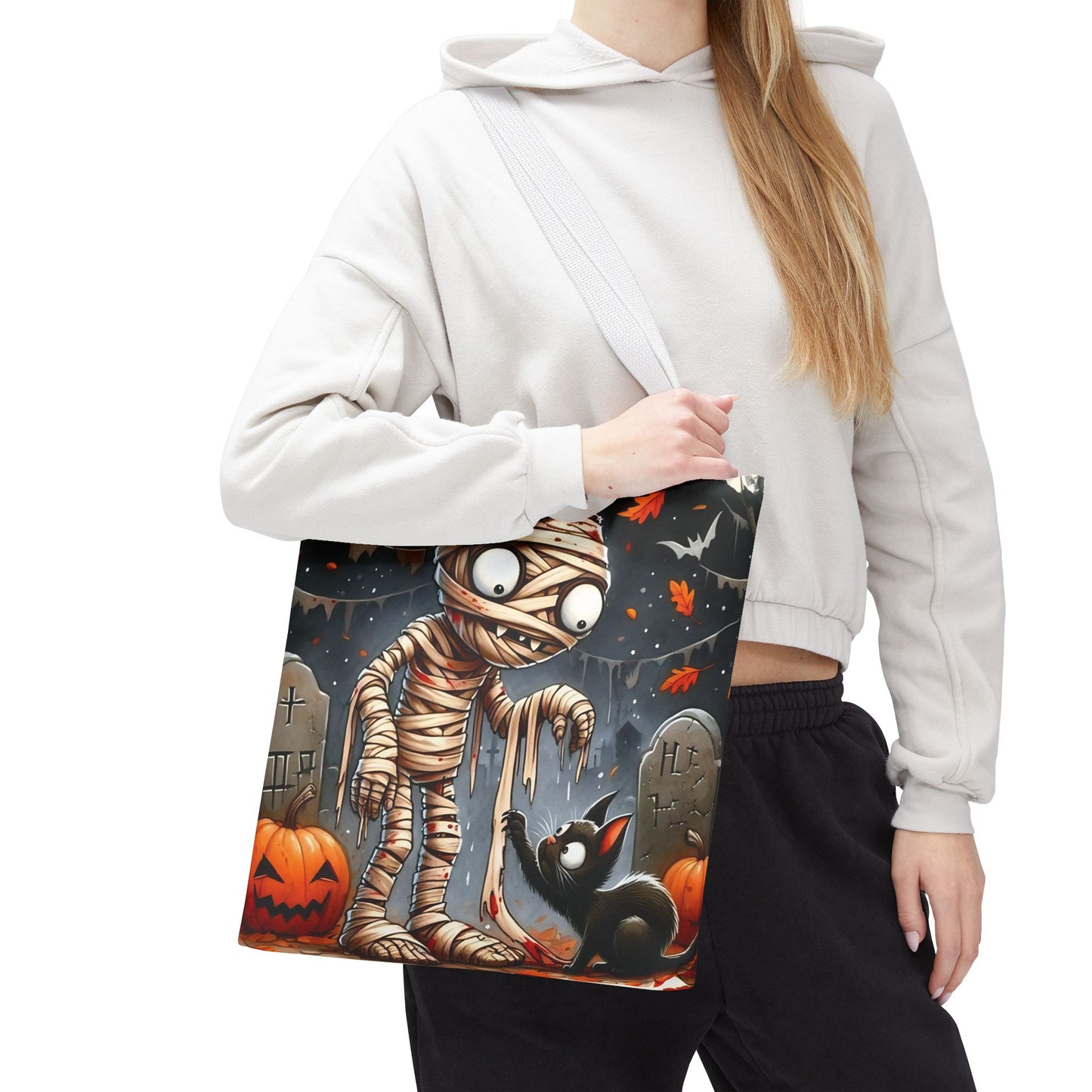 🎃 Mummy & Black Cat Halloween Tote Bag – Spooky Cute & Perfect for Trick-or-Treating 🖤🛍️