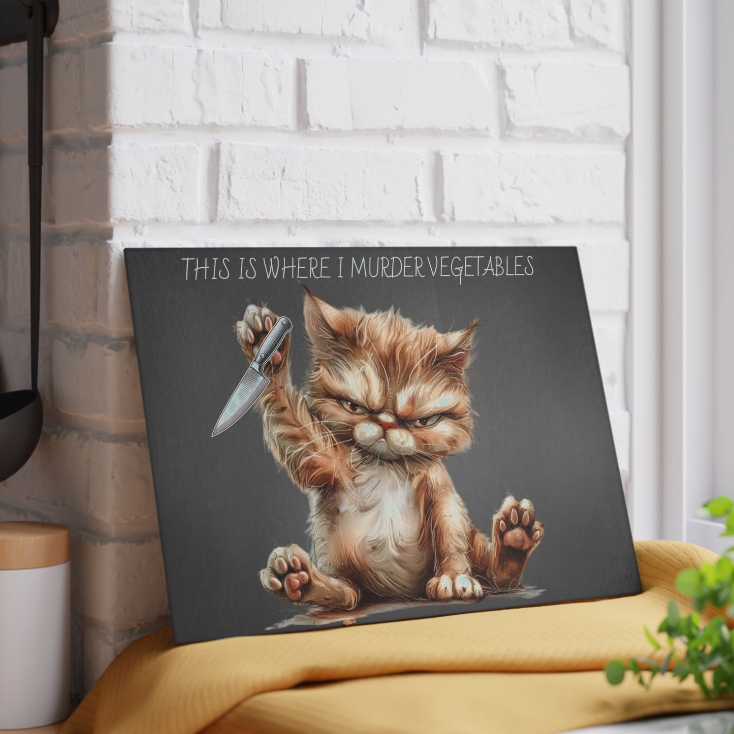 "This is Where I Murder Vegetables" – Funny Cat Glass Cutting Board