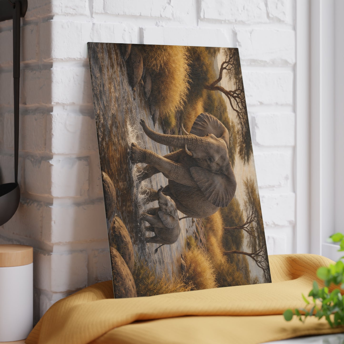 Elephant and Calf River Crossing Glass Cutting Board – Peaceful Wildlife Nature Kitchen Art