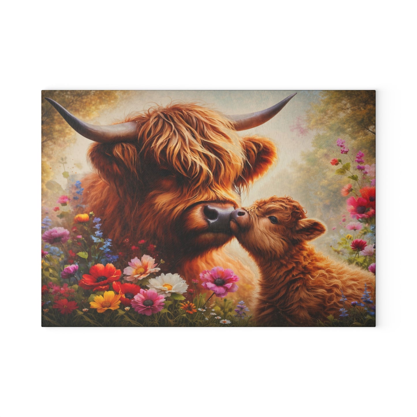 Highland Cow and Calf Floral Glass Kitchen Surface – Warm Farmhouse Style Artwork