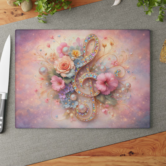 Floral Treble Clef Glass Cutting Board – Elegant Music-Inspired Art Kitchen Decor