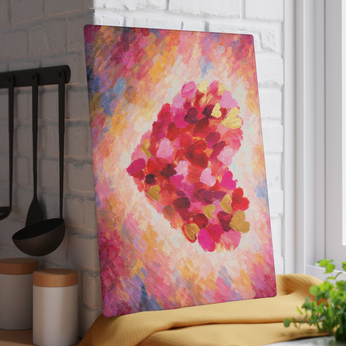 Abstract Heart Art Glass Cutting Board – Colorful Painted Love Kitchen Decor