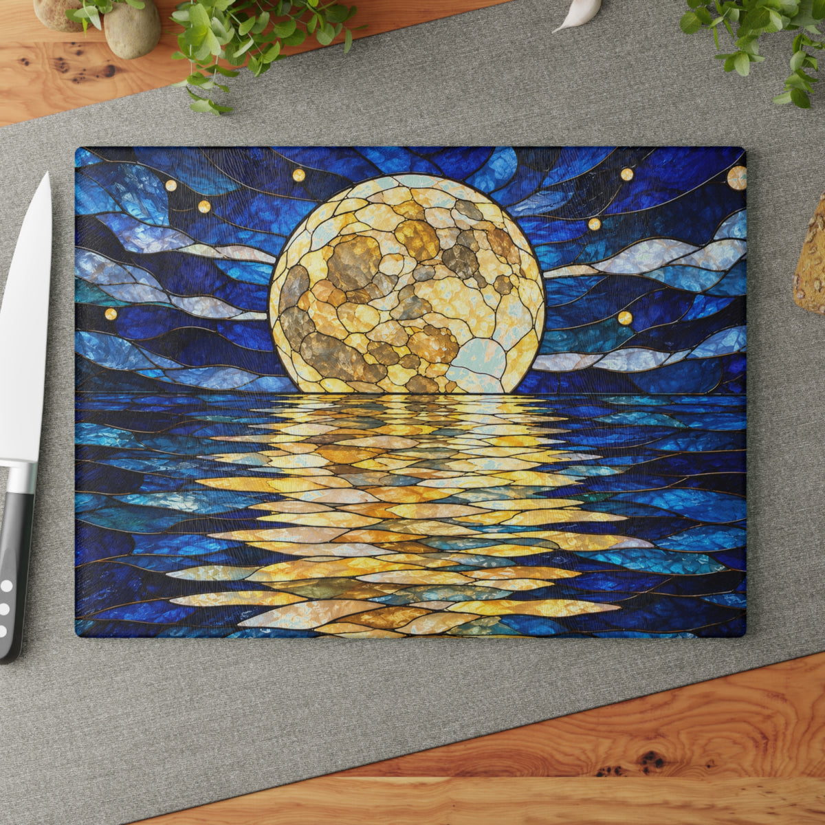 Full Moon Over Water Stained-Glass-Look Glass Cutting Board – Blue Moonlight Kitchen Decor