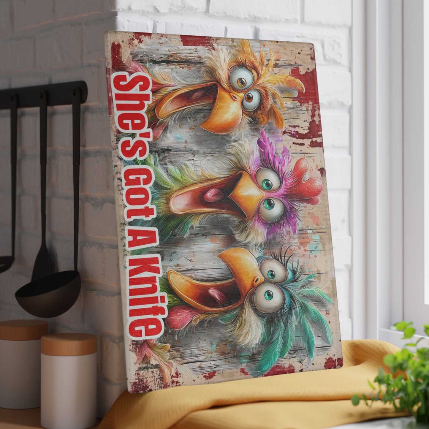 She’s Got a Knife Funny Chicken Glass Cutting Board – Colorful Farmhouse Kitchen Humor