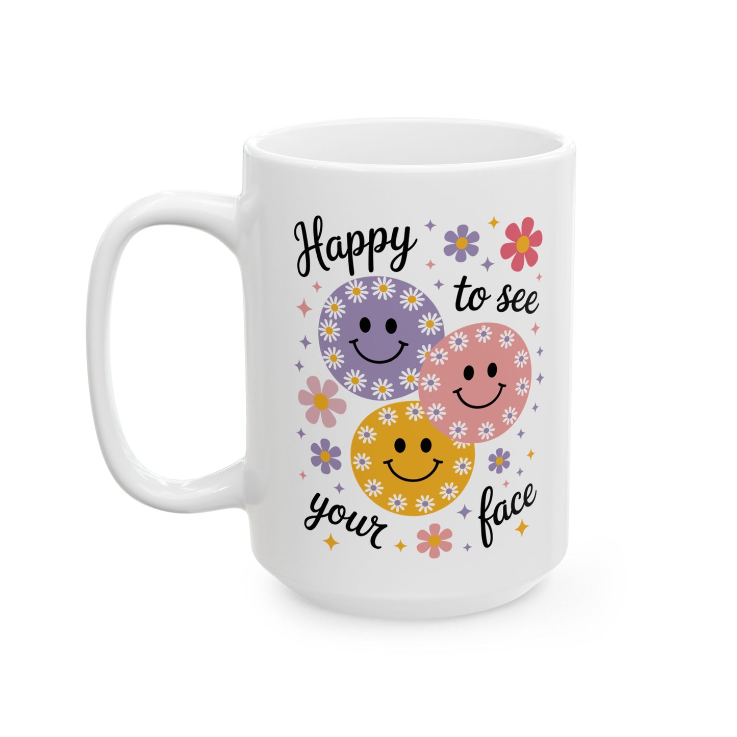 🌸😊 Happy to See Your Face Mug – Retro Smiley Flower Coffee Cup ☕🌼