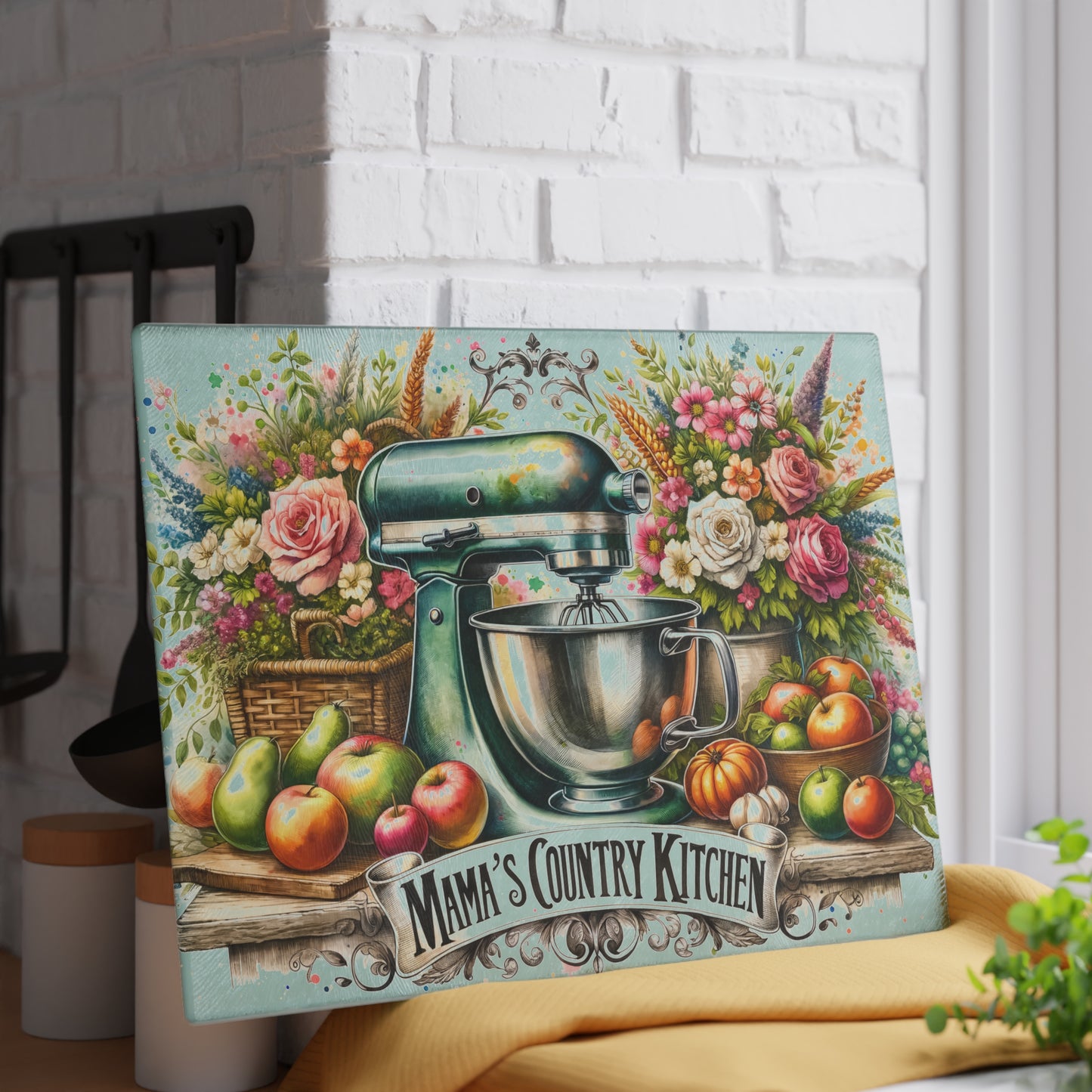 Tabla de cortar de cocina campestre de mamá: dije vintage para batidora con estilo floral campestre