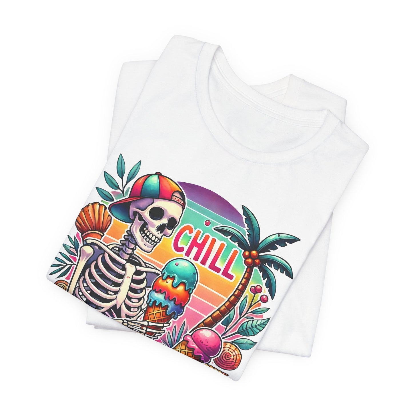 Camiseta Chill Vibes – Esqueleto con helado | Camiseta retro divertida de verano (solo blanca)