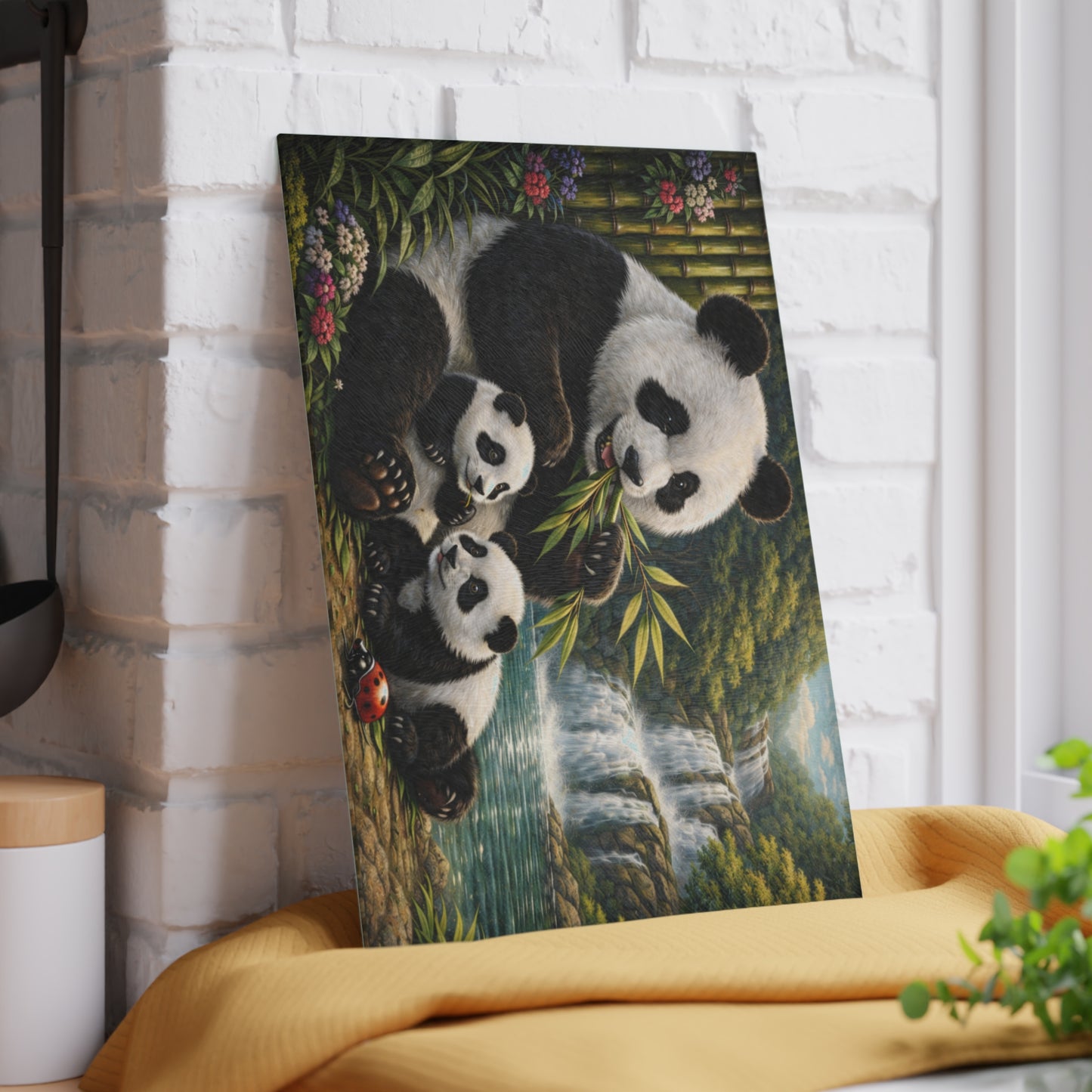 Panda Family by Waterfall Glass Cutting Board – Peaceful Bamboo Forest Wildlife Artwork
