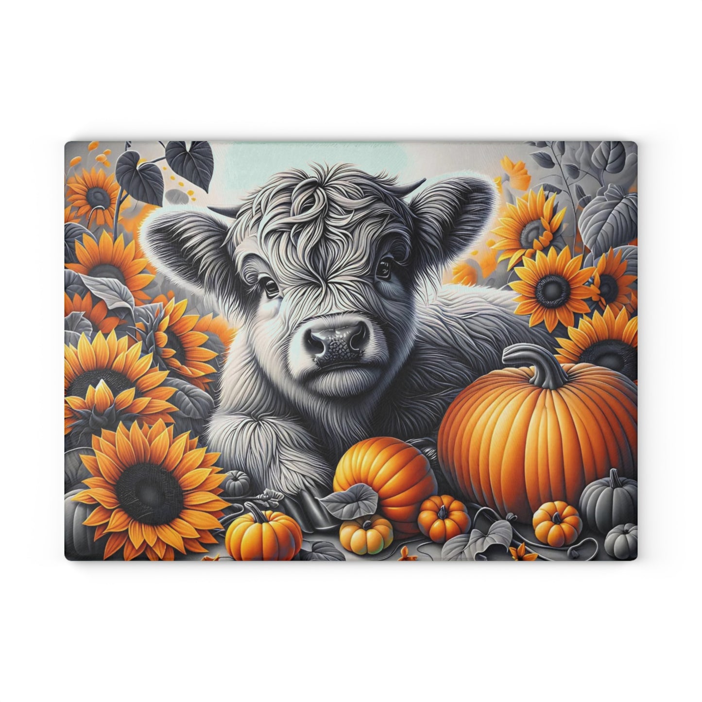 🐮🌻 Autumn Highland Calf Cutting Board – Rustic Charm with Pumpkins & Sunflowers 🎃🍂