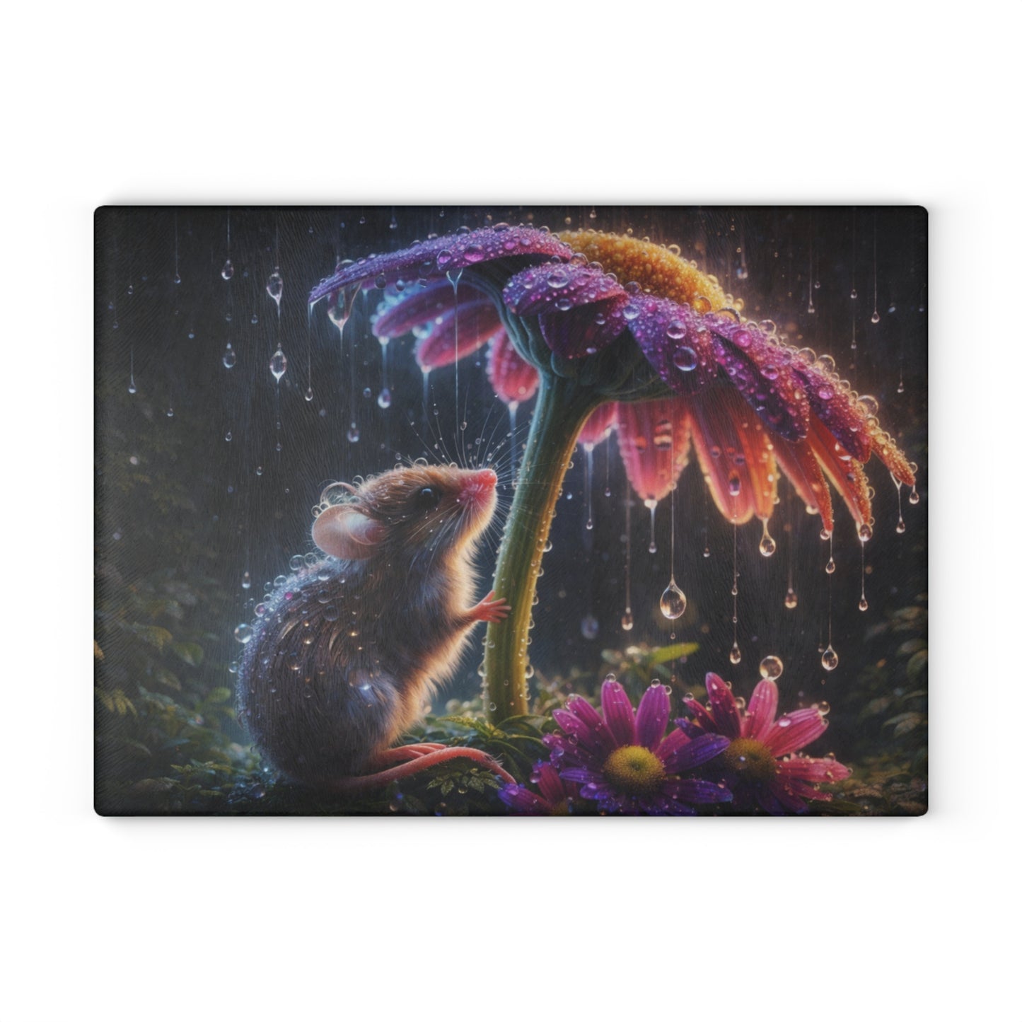 Rainy Garden Mouse Glass Cutting Board – Whimsical Nature Artwork