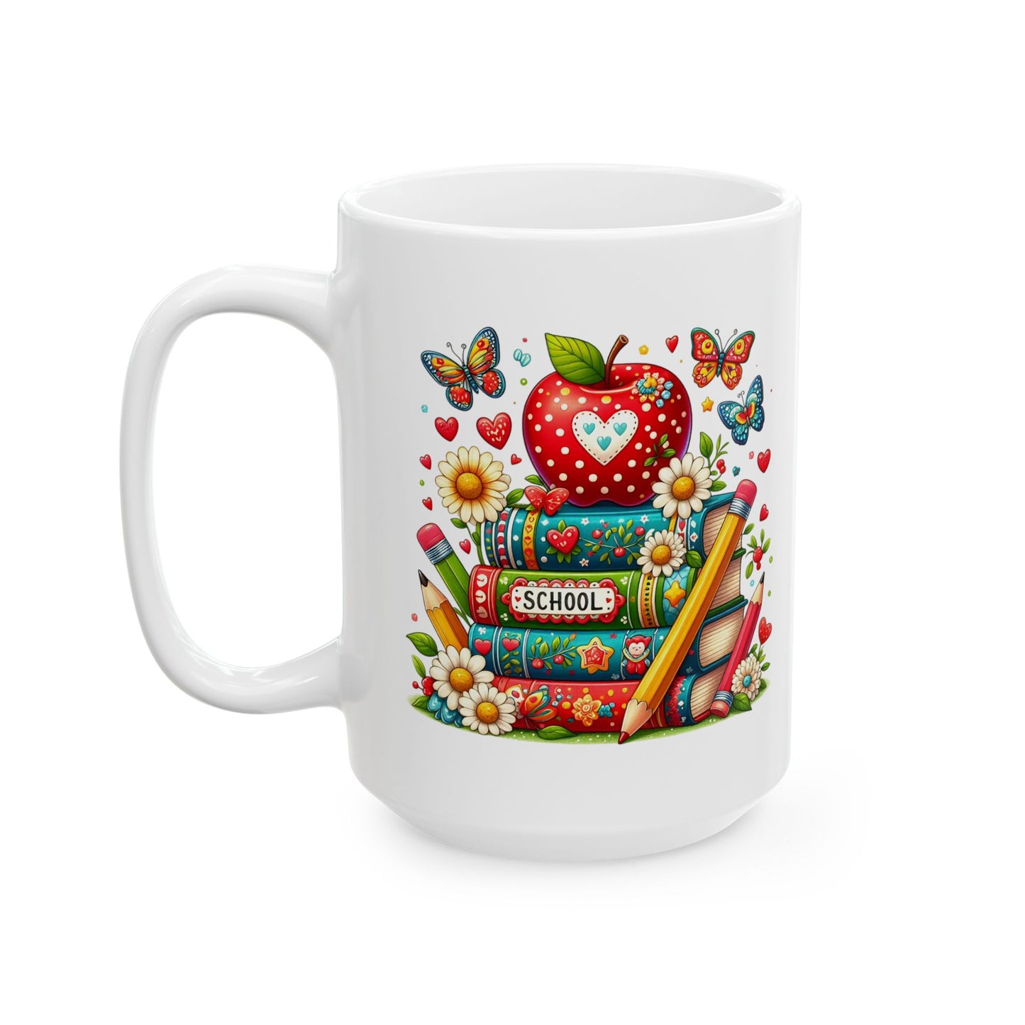 🍎 Teacher Love Back-to-School Mug – Bright Books & Butterflies 🌼