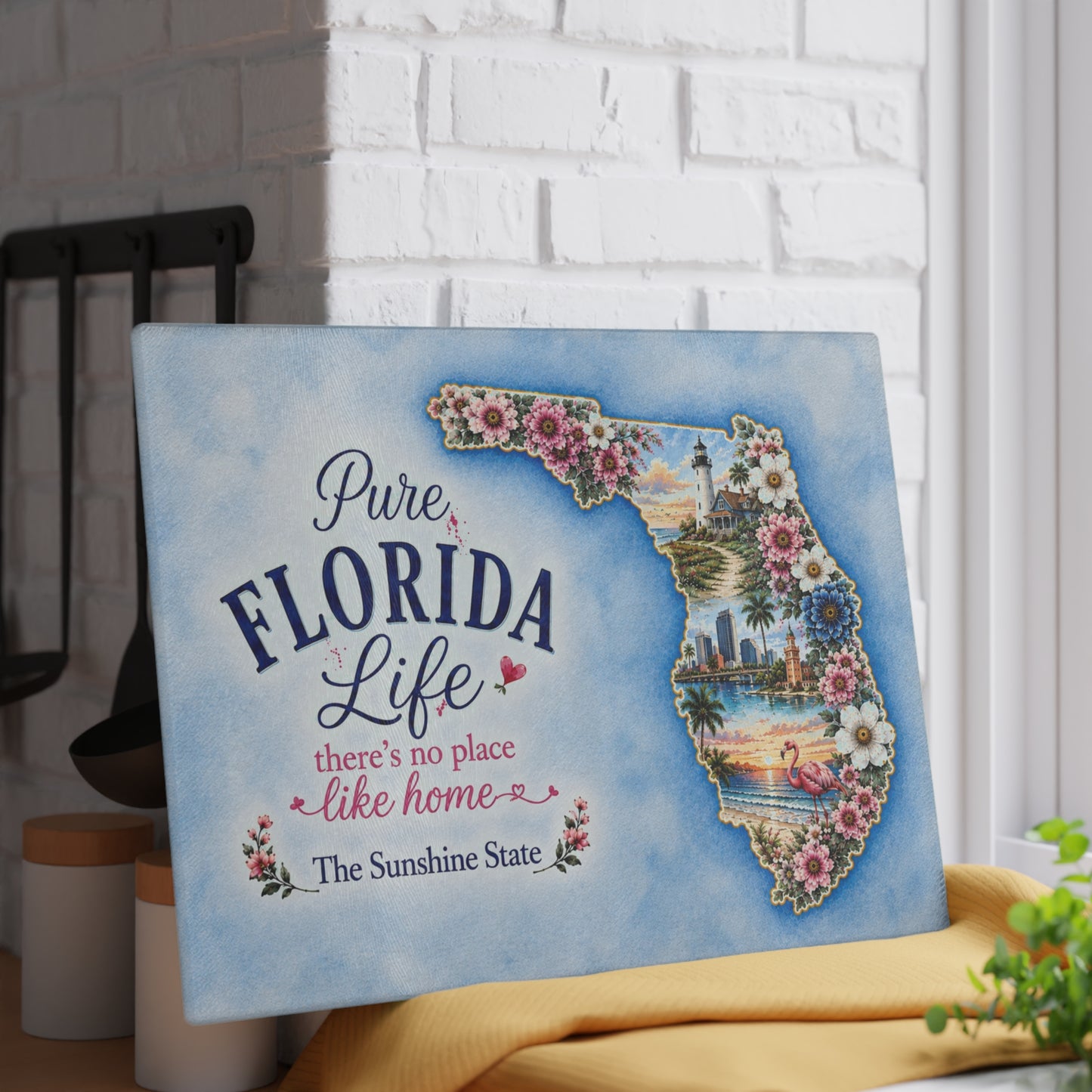 Pure Florida Life Glass Cutting Board – Sunshine State Floral Coastal Kitchen Decor