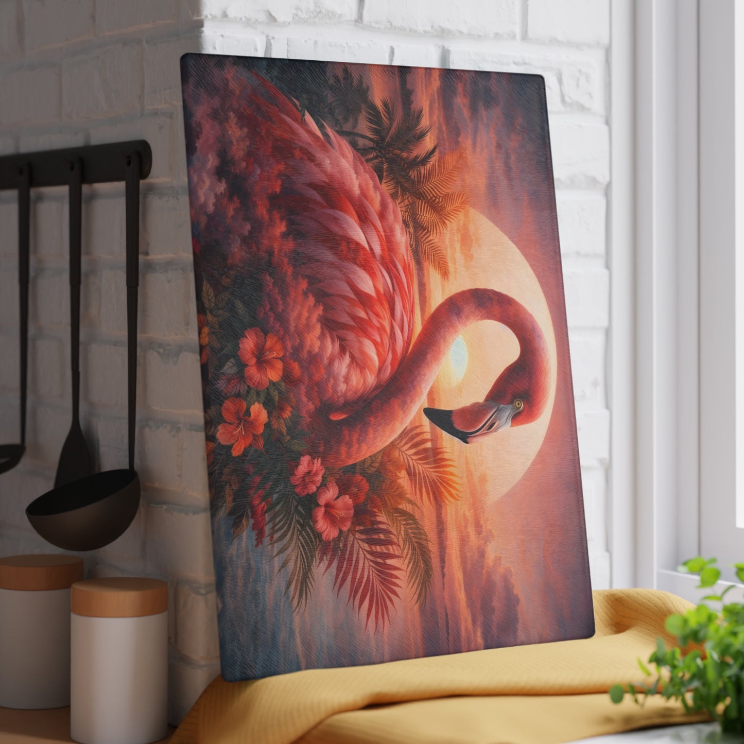 Flamingo Sunset Glass Cutting Board – Tropical Coastal Art Kitchen Display