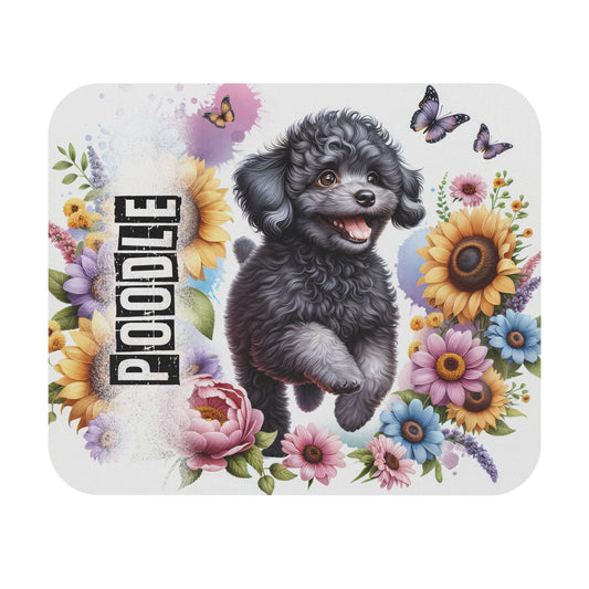 🖱️🐩🌸 Poodle Mouse Pad – Playful Black Poodle with Sunflowers & Florals (Charcoal)