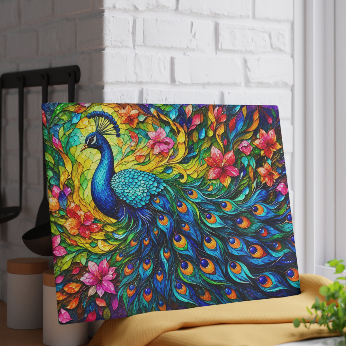 Colorful Peacock Stained-Glass-Inspired Cutting Board – Vibrant Peacock Feathers, Tropical Flowers & Elegant Kitchen Décor