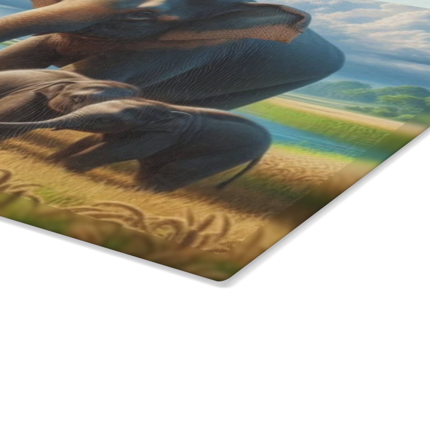 Mama Elephant and Babies Glass Cutting Board – Nature-Inspired Wildlife Kitchen Decor