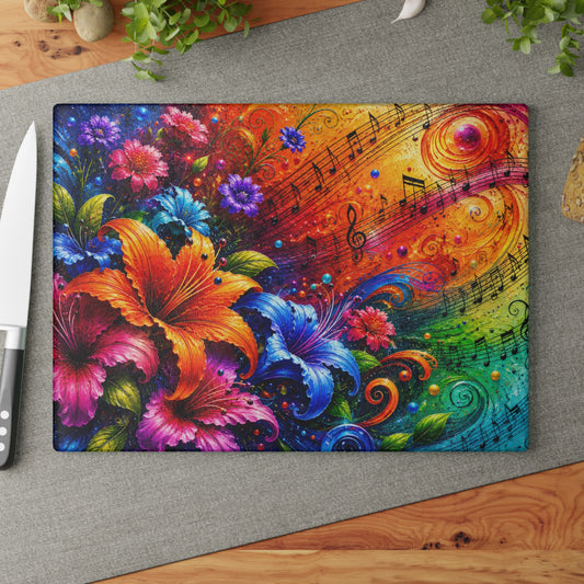 Floral Music Notes Glass Cutting Board