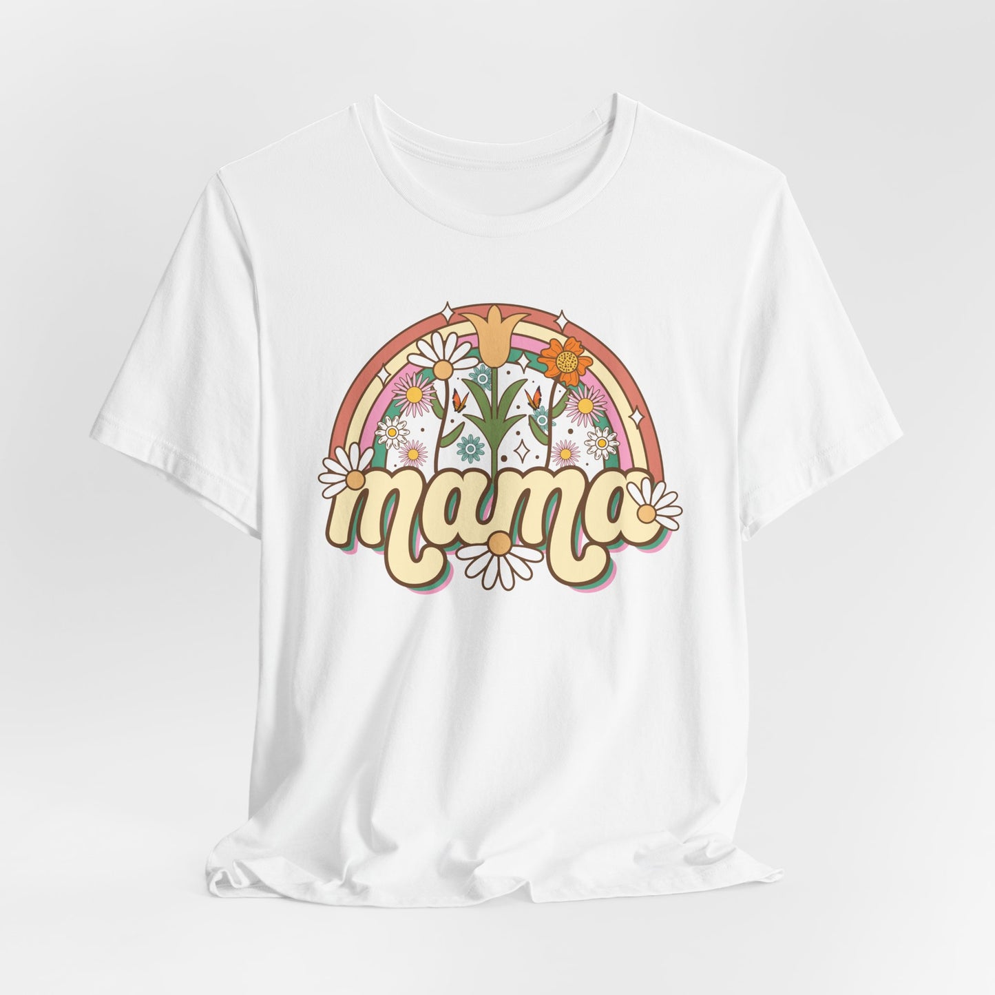 🌼🌈 Retro Floral Mama T-Shirt – Boho Rainbow Graphic Tee for Moms 🌻✨