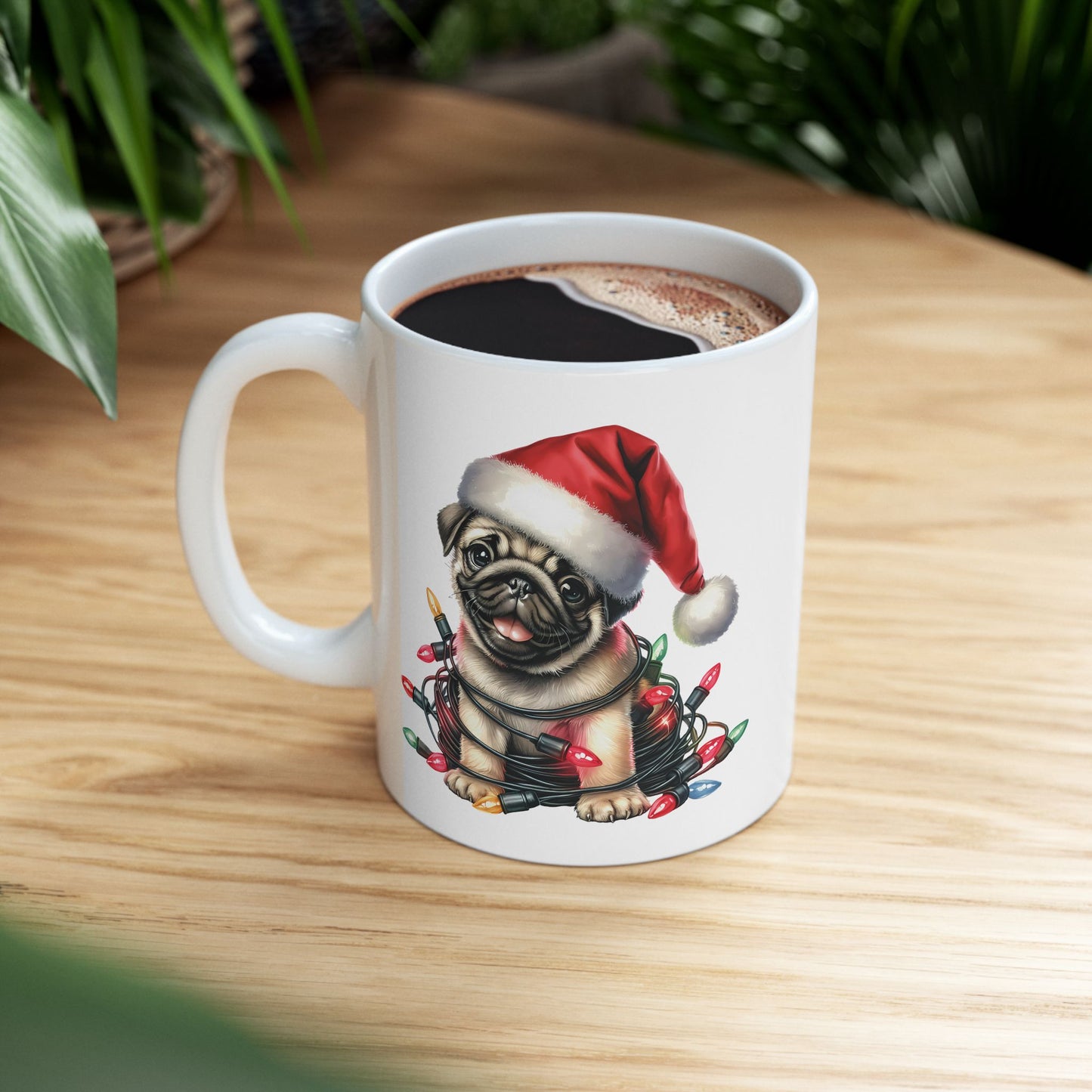 🎄 Pug Christmas Mug – Festive Santa Hat & Tangled Lights Delight 🎁