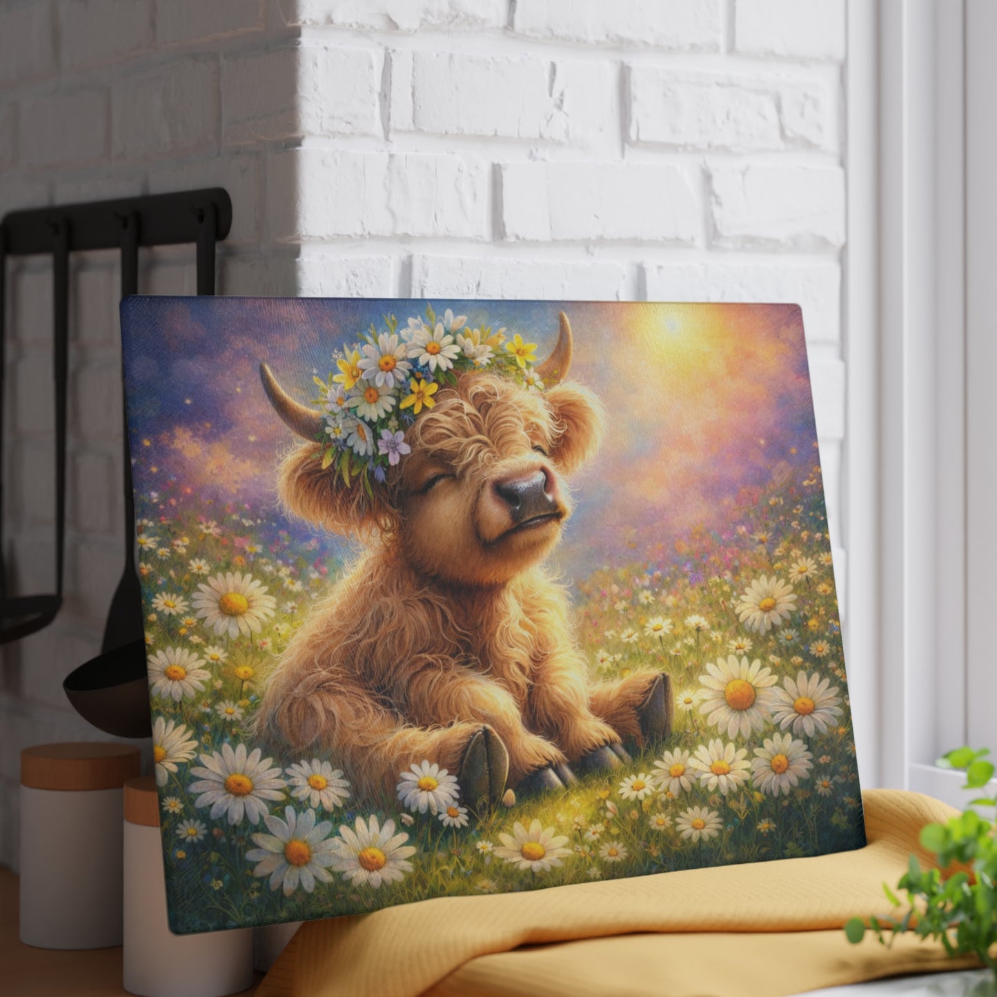 Highland Calf Daisy Meadow Glass Cutting Board – Spring Farmhouse Kitchen Decor with Floral Crown Cow Design
