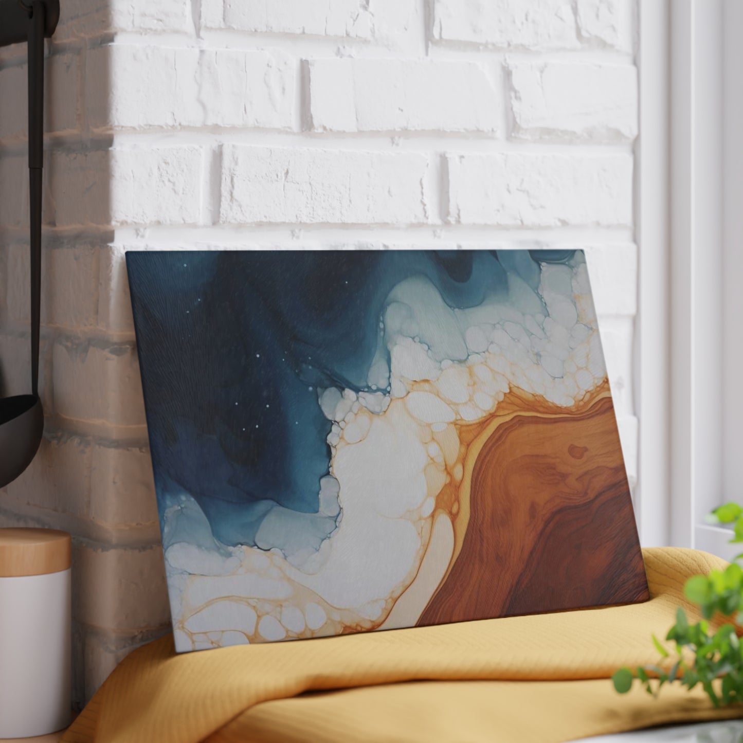 Tabla de cortar de vidrio templado con efecto mármol, imitación madera, azul verdoso y blanco: cocina rústica de estilo elegante