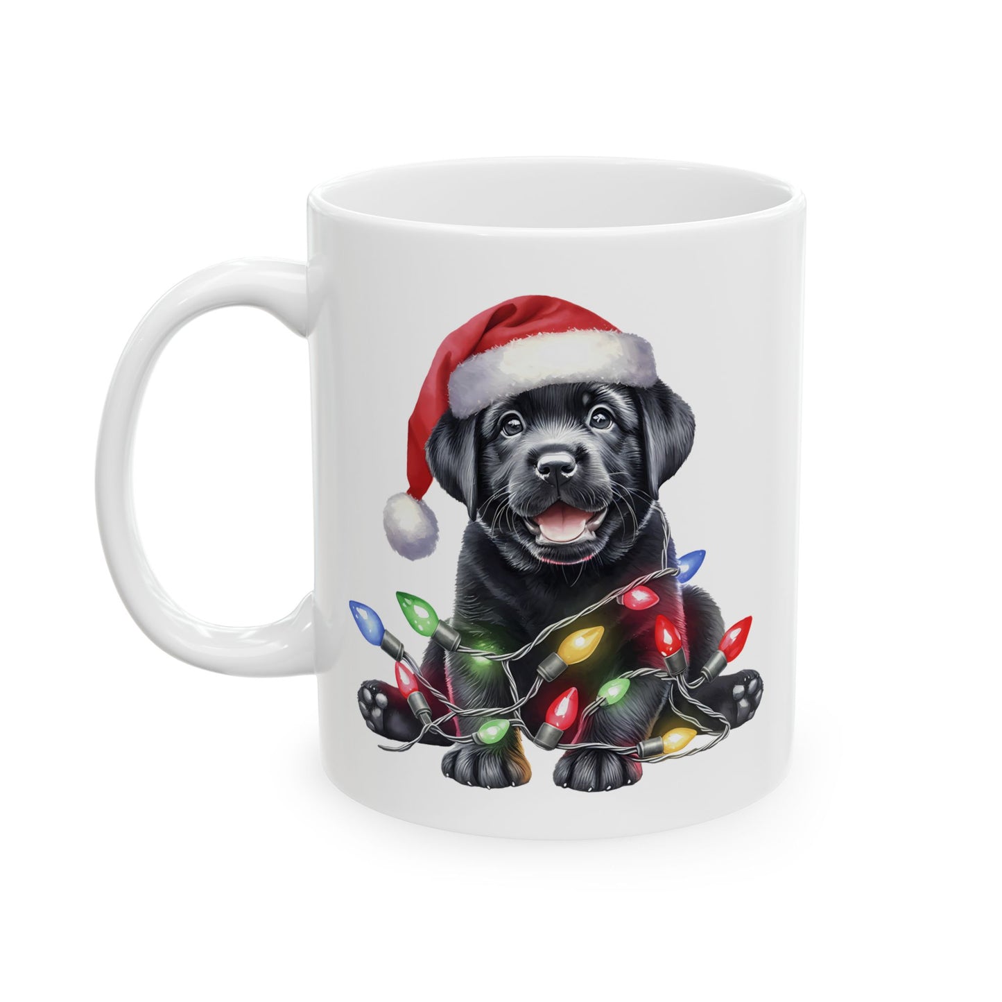 🎄 Labrador Puppy Christmas Mug – Santa Hat & Holiday Lights Cheer 🐾