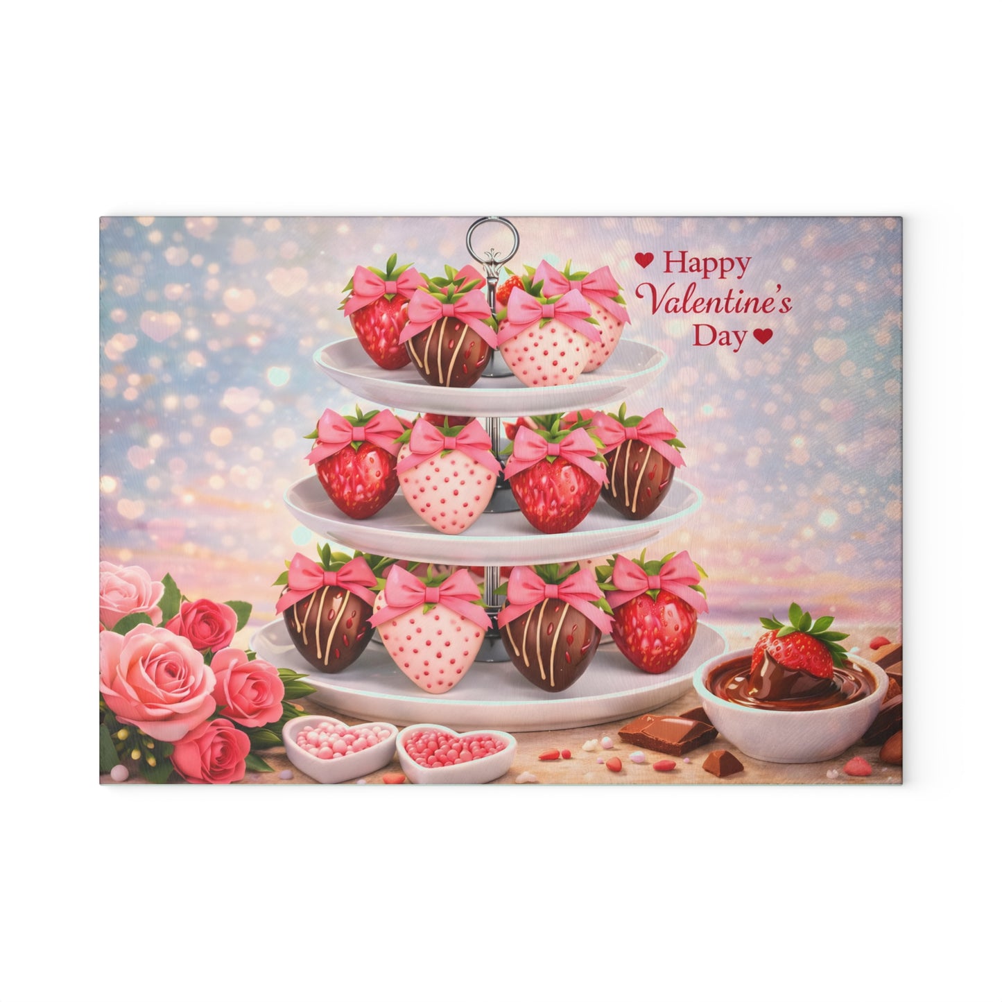 Chocolate-Covered Strawberry Valentine Glass Cutting Board – Romantic Dessert Display & Kitchen Accent