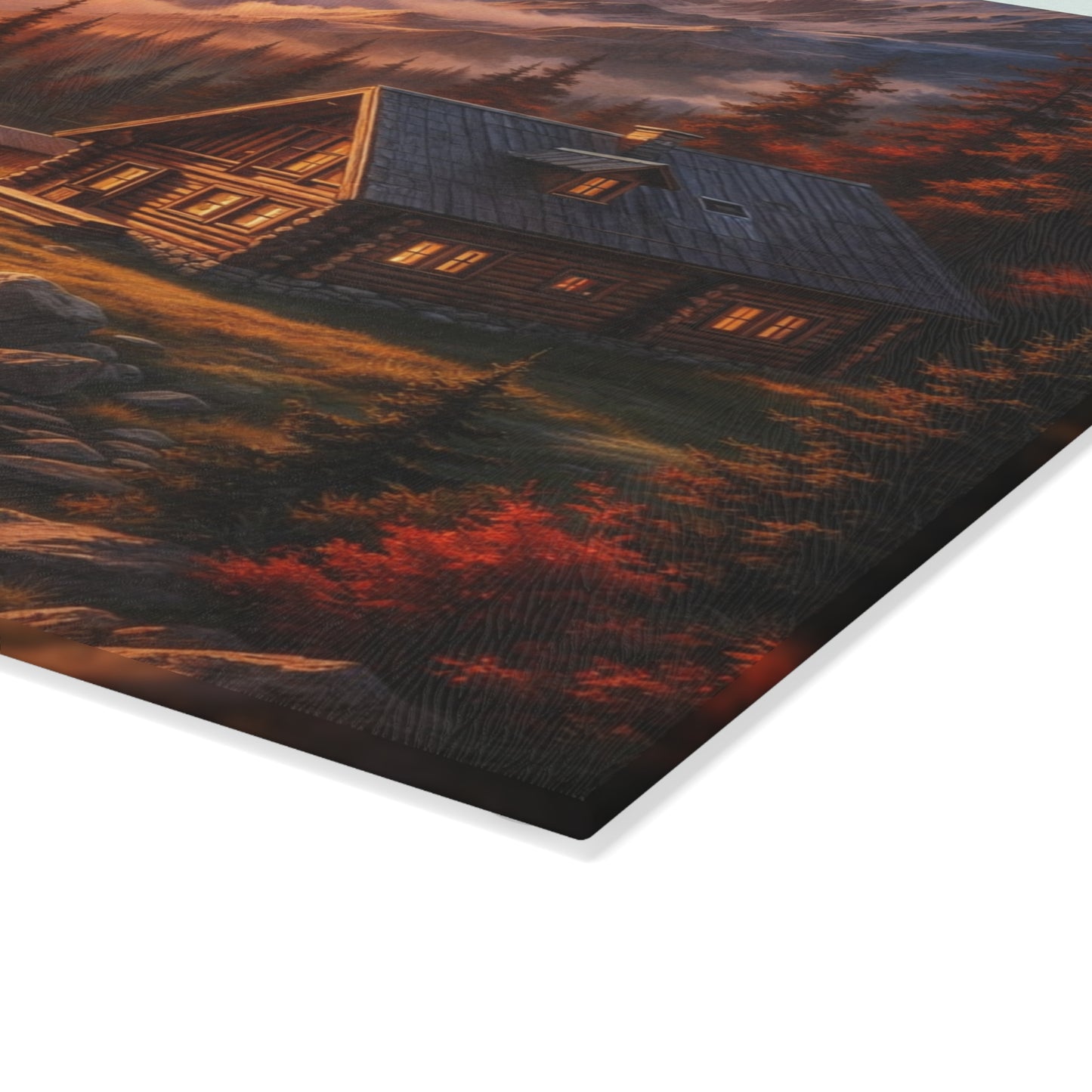 Mountain Cabin Sunset Glass Cutting Board – Rustic Lake Lodge Kitchen Art