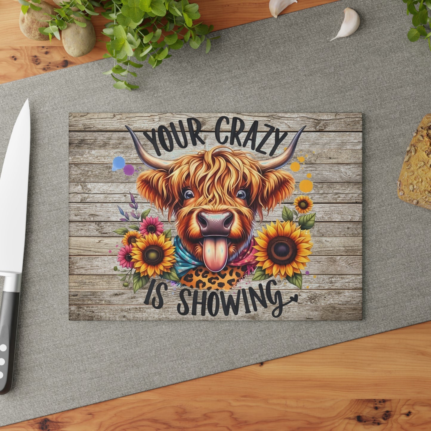 🐮🌻 Your Crazy Is Showing – Highland Cow Glass Cutting Board for Fun & Colorful Kitchens 🎨