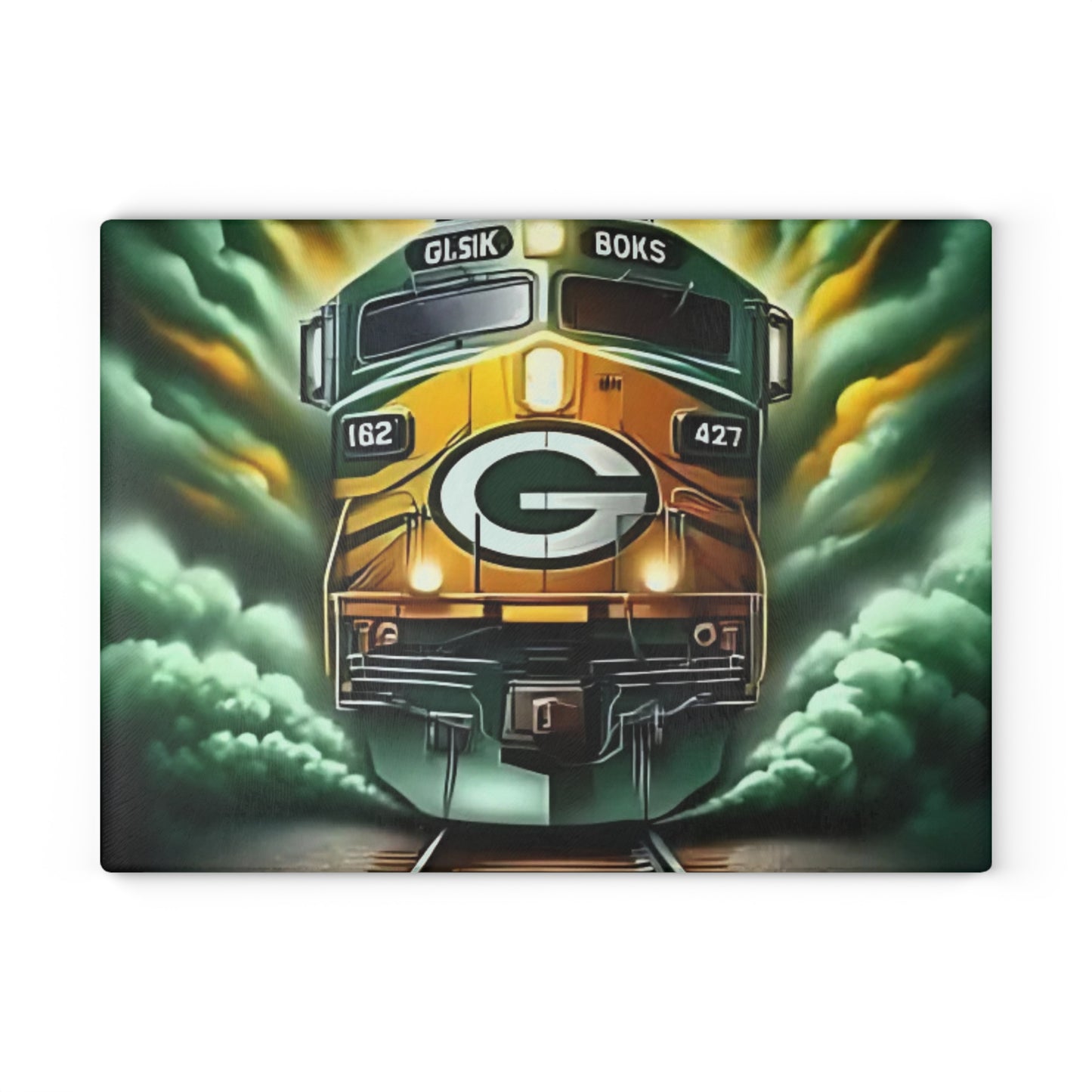 Green & Yellow Express Glass Cutting Board – Vibrant Train Kitchen Display