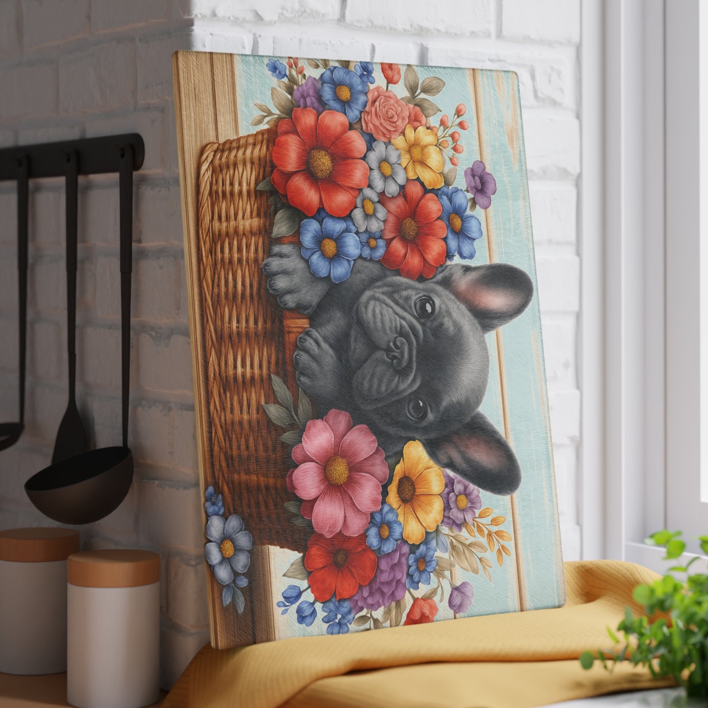 🐾 Gray French Bulldog in Bloom Basket Cutting Board – Frenchie Charm Meets Floral Elegance 🌸