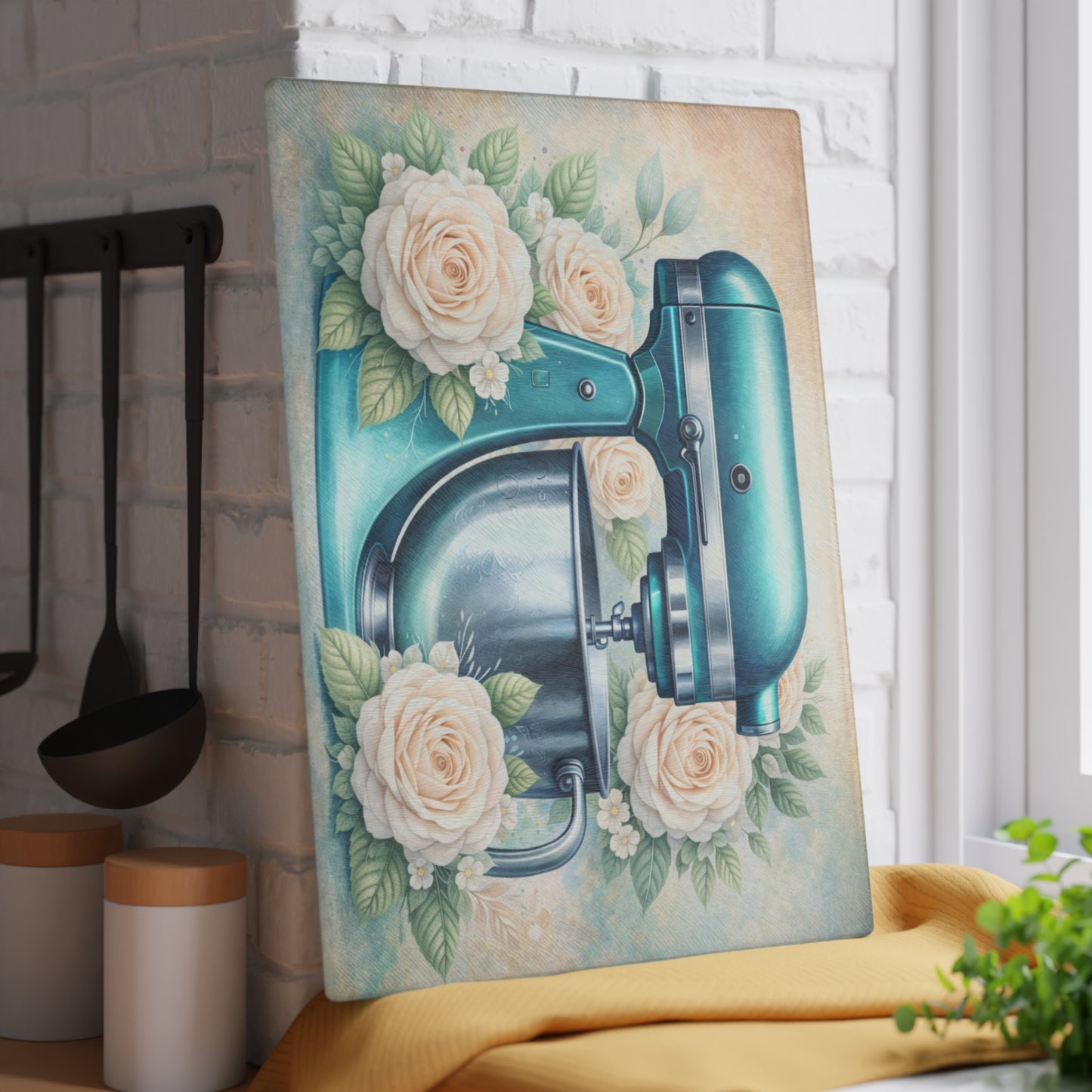 Teal Kitchen Mixer Glass Cutting Board – Elegant Farmhouse Kitchen Decor