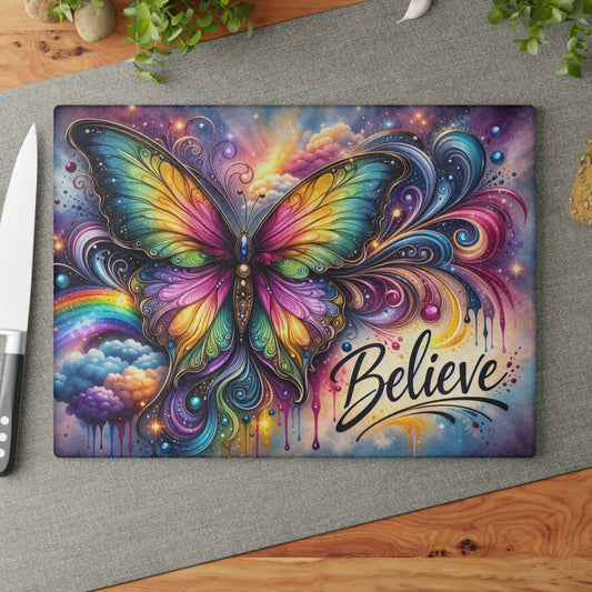 Believe Butterfly Glass Cutting Board – Rainbow Butterfly Inspirational Kitchen Art