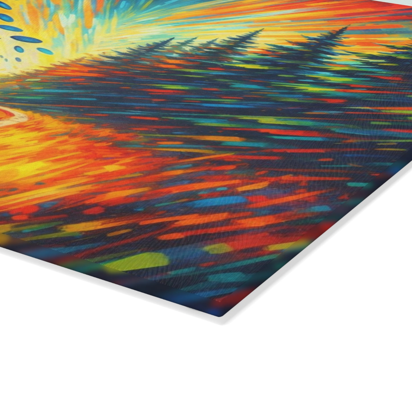 Disc Golf Basket Sunset Glass Cutting Board – Colorful Outdoor Sports Artwork