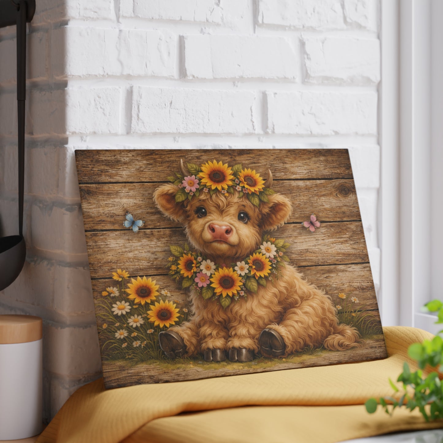 Floral Highland Calf Glass Cutting Board – Rustic Farmhouse Wood Background