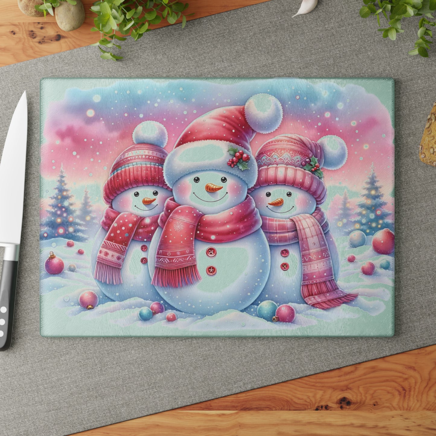 ⛄️🎀 “Pink Scarf Snowman Trio” Glass Cutting Board – Cozy Charm for Your Kitchen