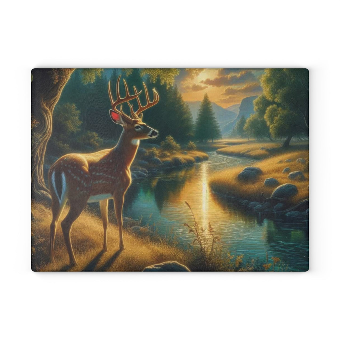 🦌🌅 Golden River Deer Cutting Board – Peaceful Nature Landscape Art 🌅🦌