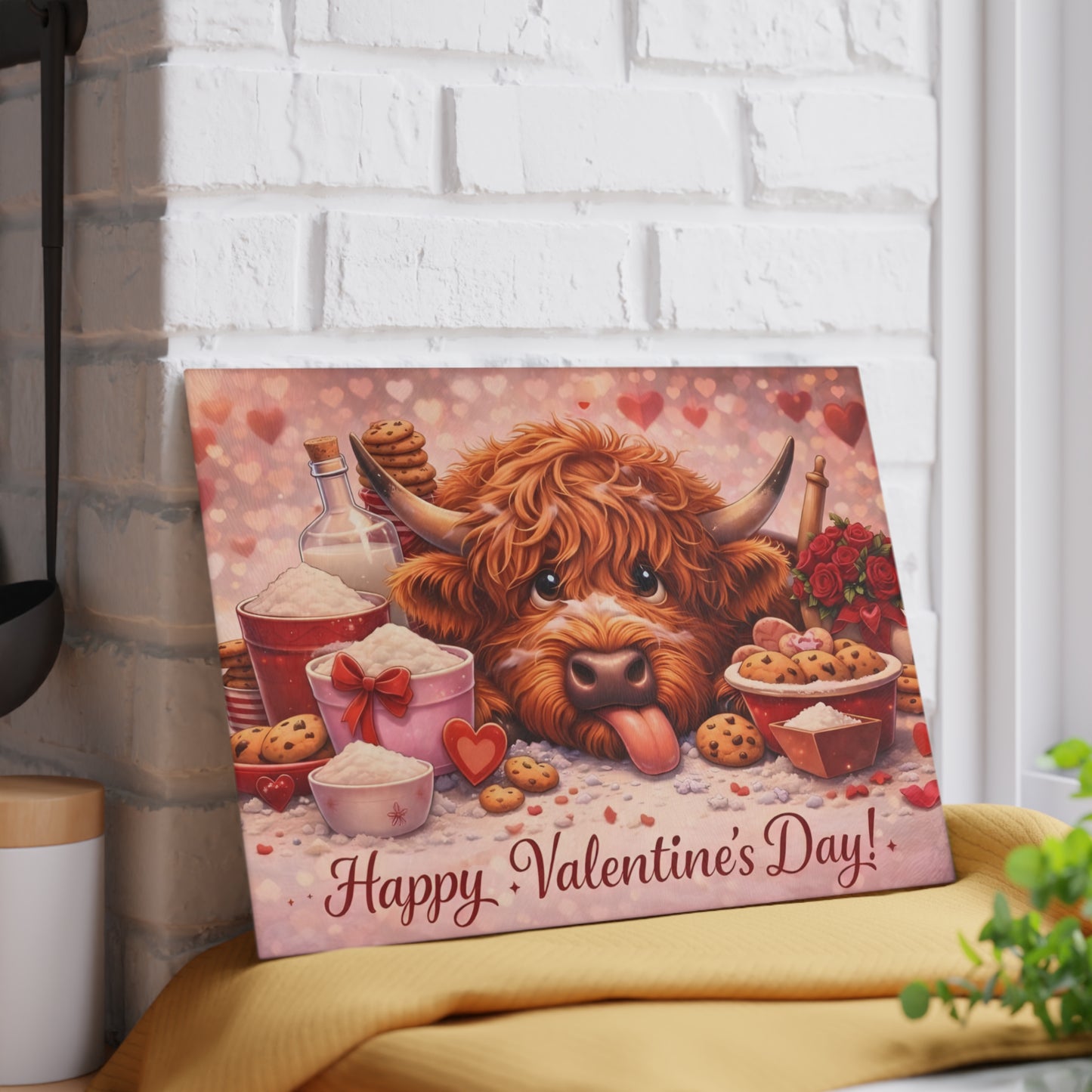 Valentine Highland Cow Baking Glass Cutting Board – Sweet Farmhouse Love Kitchen Decor