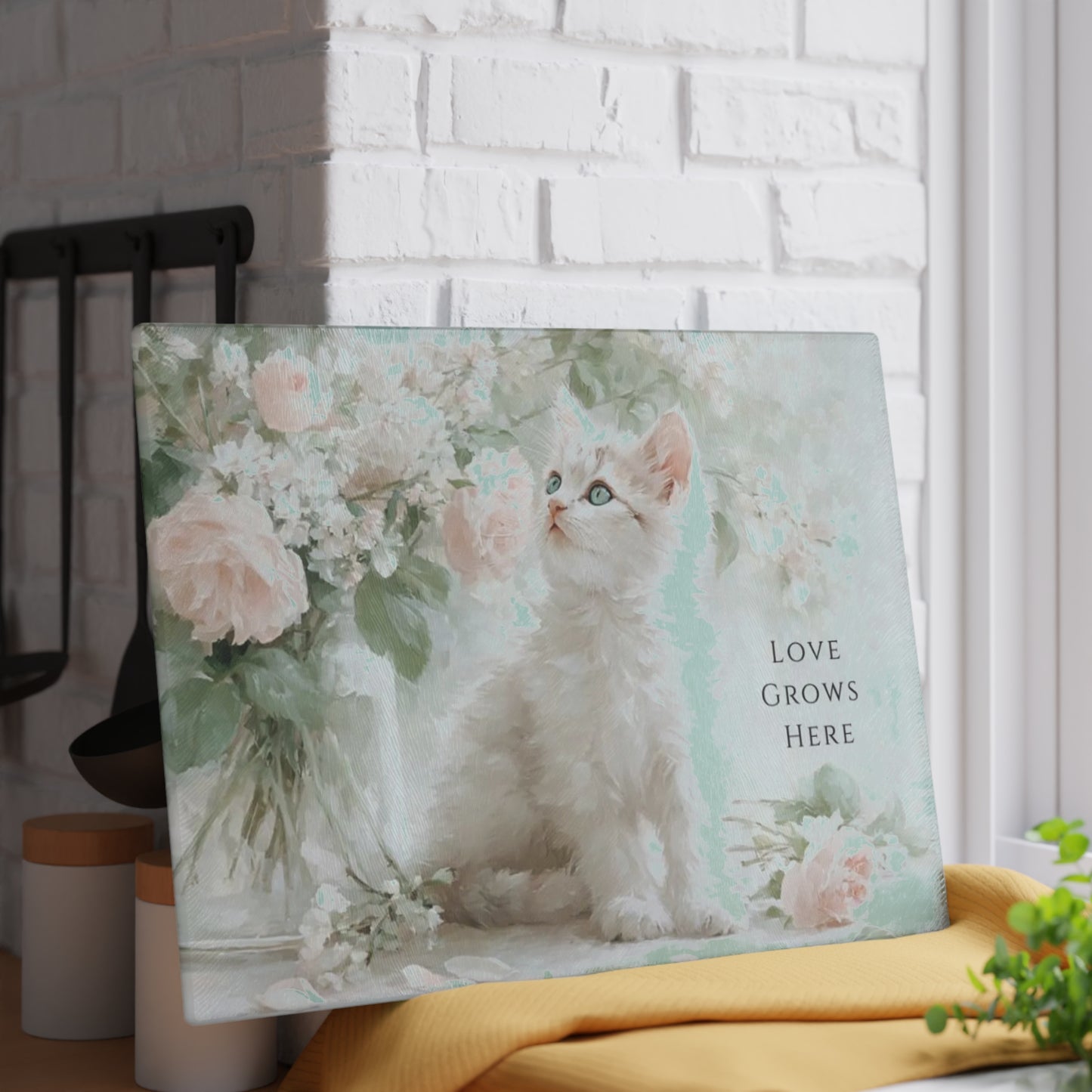 “Love Grows Here” Glass Cutting Board – Soft Cottage Floral Charm
