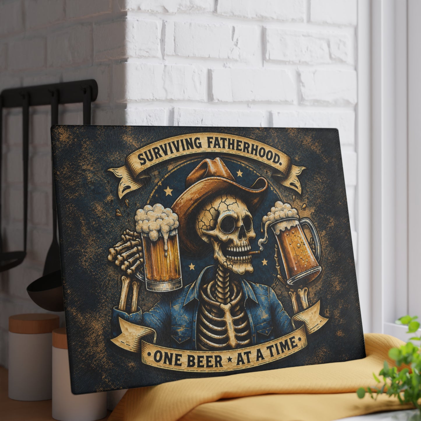 Surviving Fatherhood One Beer at a Time Glass Cutting Board – Funny Dad Skeleton Cowboy Decor