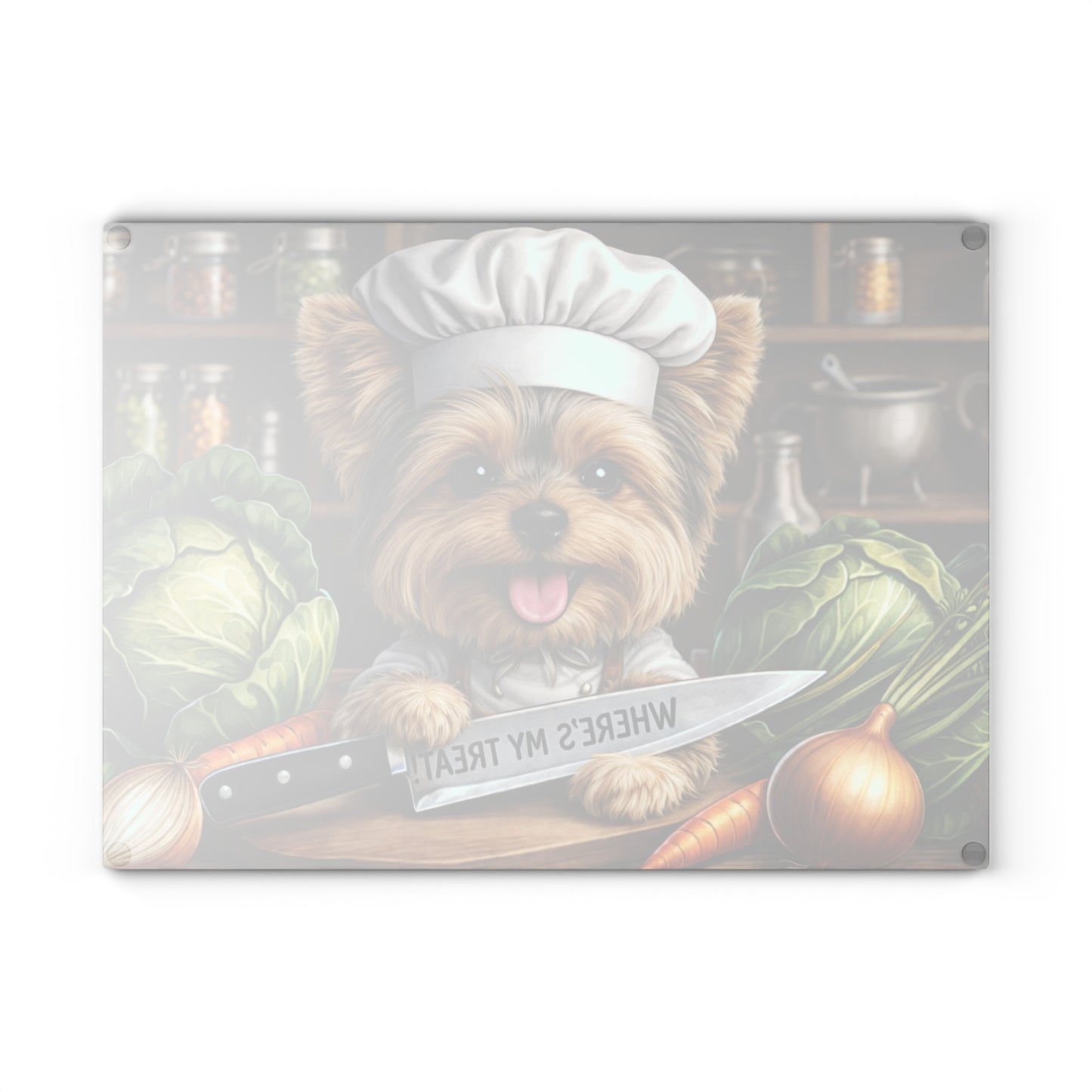 Yorkshire Terrier Chef Glass Cutting Board – “Where’s My Treat!” Playful Kitchen Art