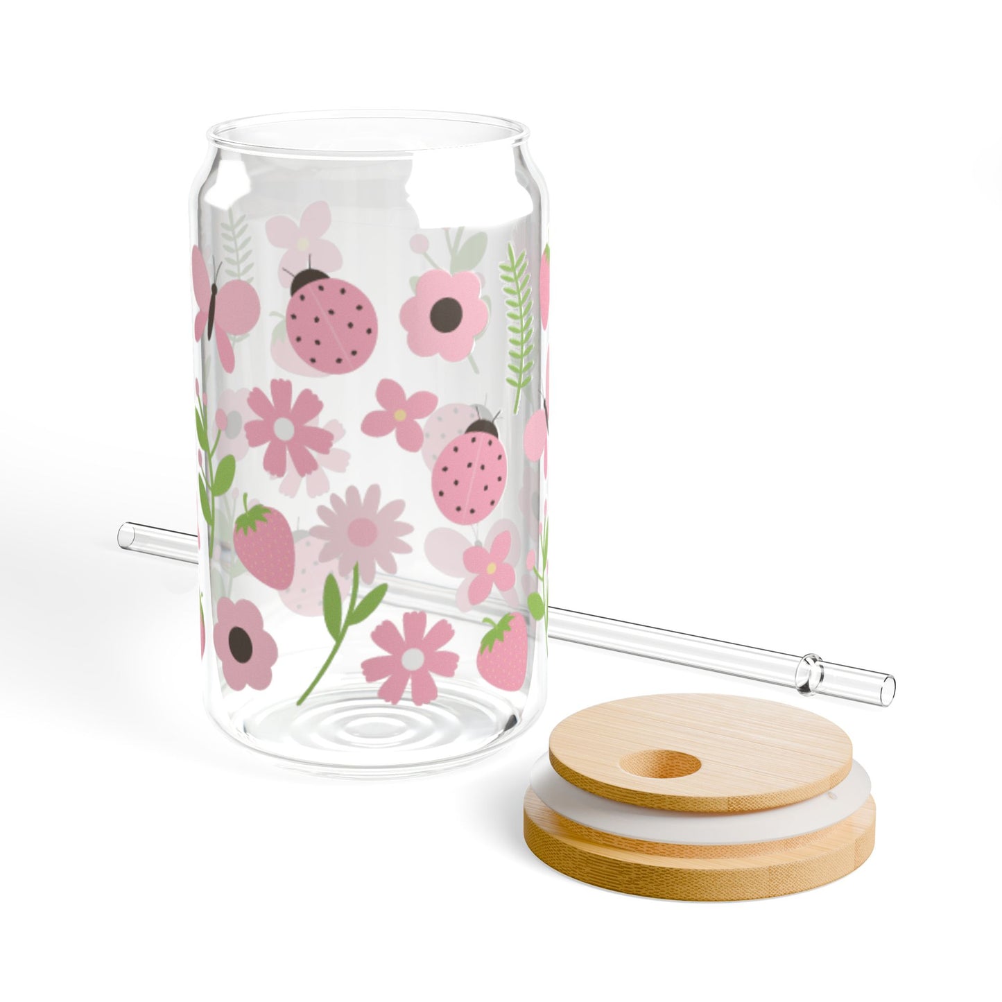🍓🌸 Strawberry Ladybug Sipper Glass – 16oz Sweet Garden Charm in Every Sip 💕🌿