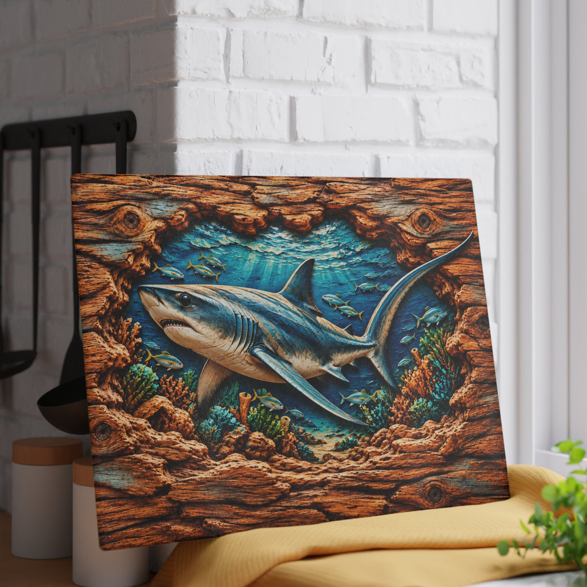 Thresher Shark Glass Cutting Board – Ocean Predator, Tropical Fish, Coral Reef & 3D Carved Wood Look