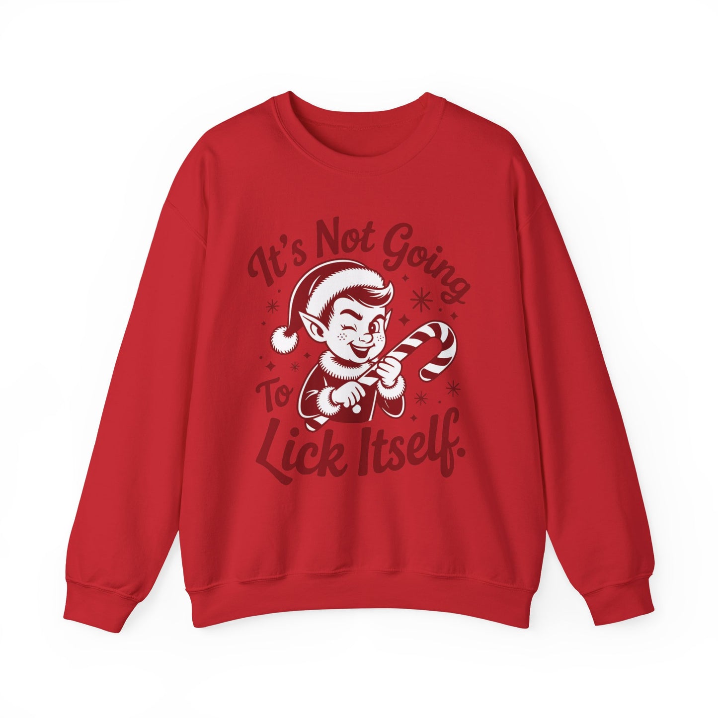 🍭😅 “It’s Not Going To Lick Itself” Men’s Funny Elf Sweatshirt – Bold Candy Cane Humor Crewneck