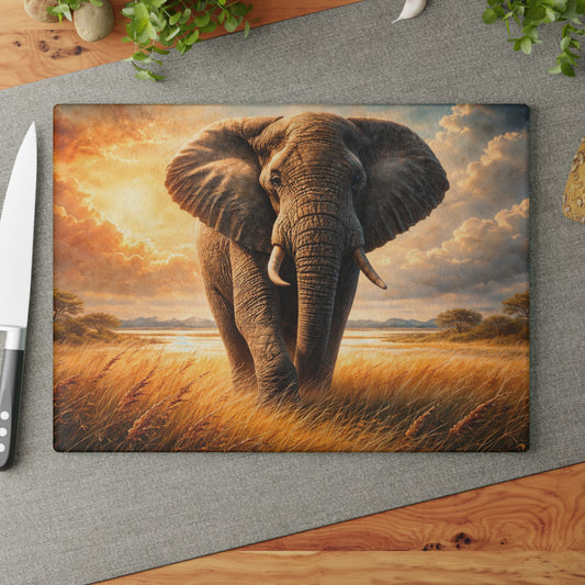 Majestic Elephant Sunset Savanna Glass Cutting Board – Bold Wildlife Landscape Kitchen Art