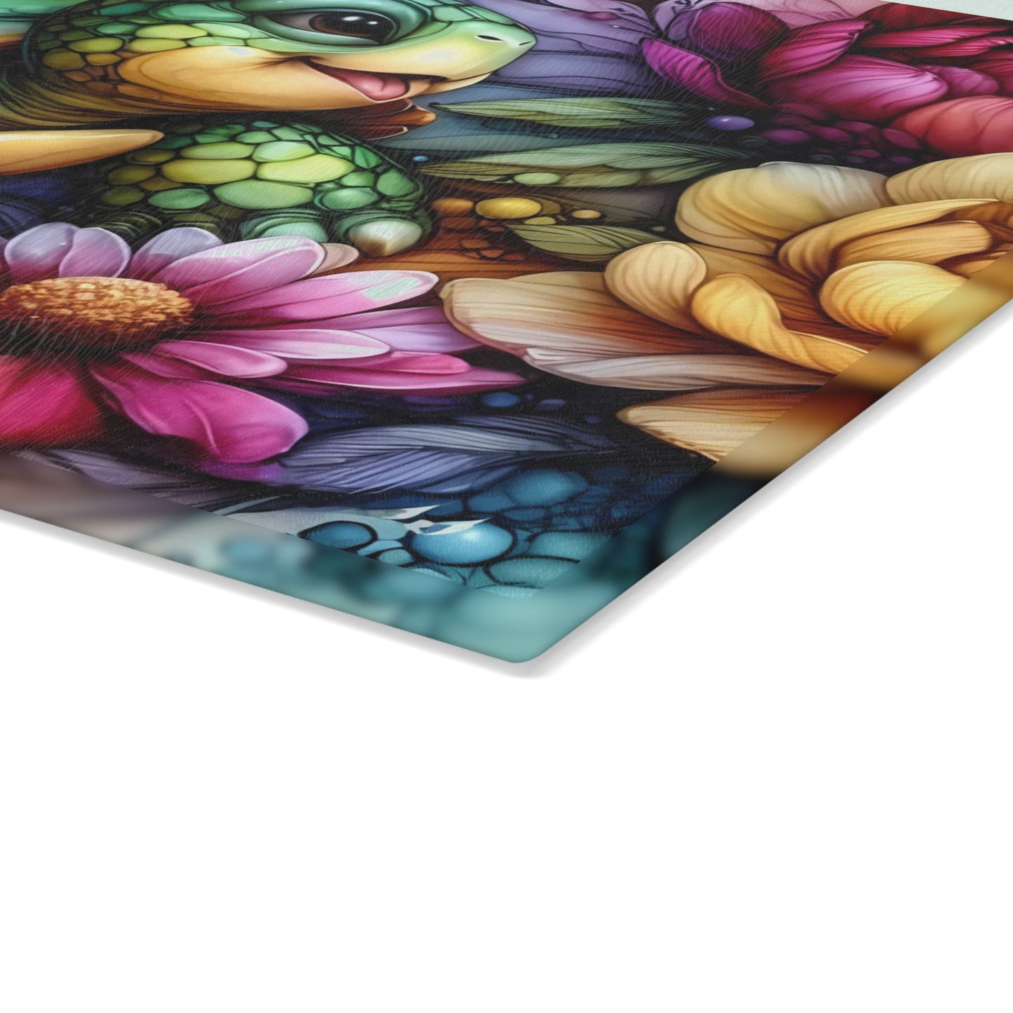 Tortoise in Bloom Glass Cutting Board – Floral Wildlife Kitchen Art