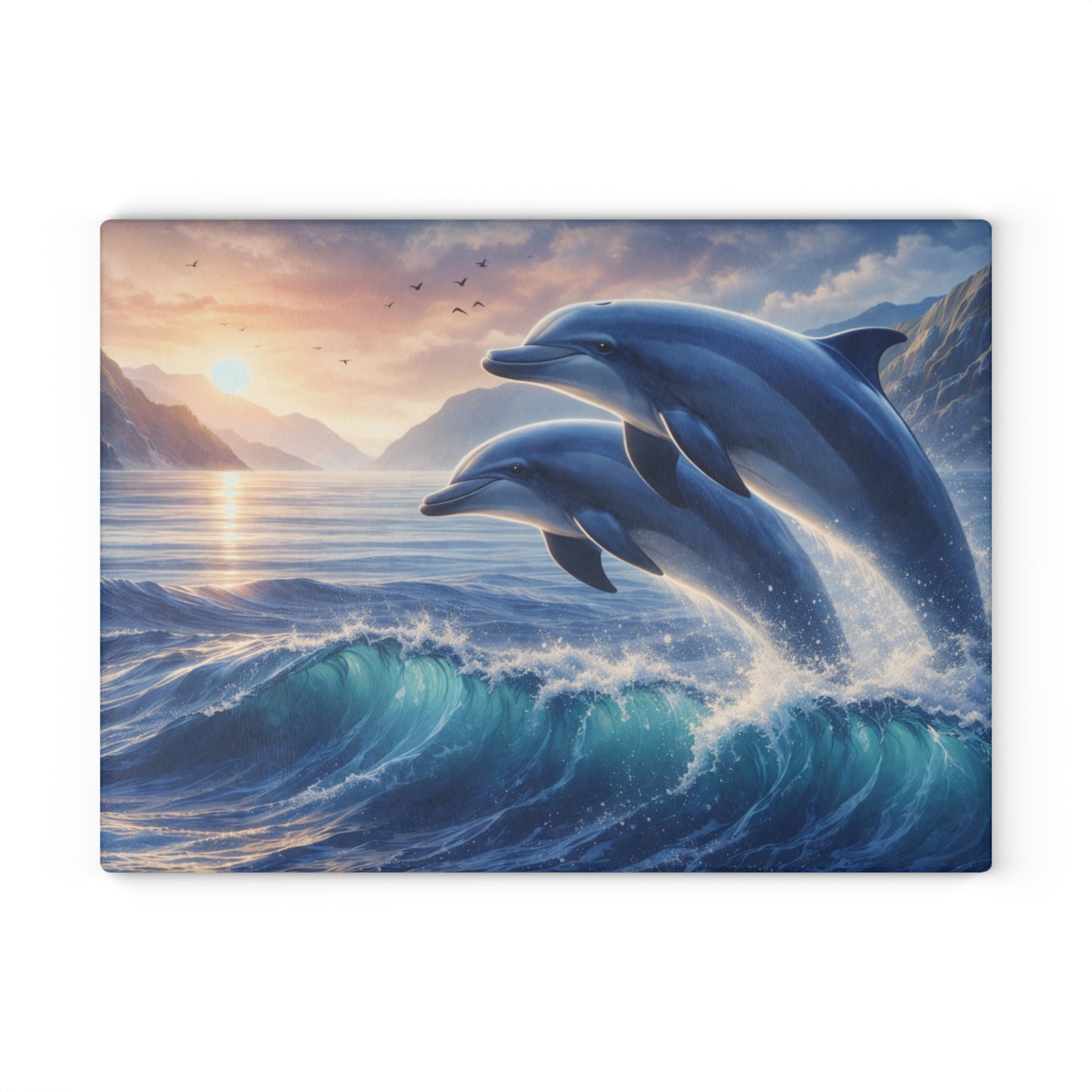 Dolphin Sunset Glass Cutting Board – Ocean-Inspired Artwork with Joyful Dolphins